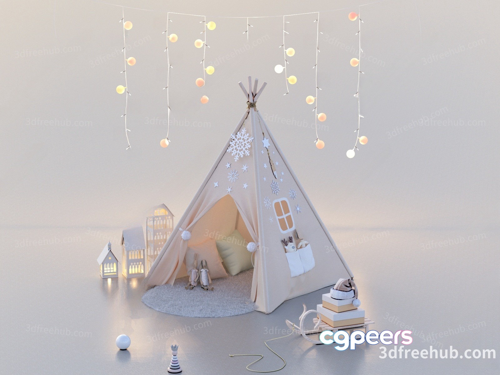 A White Teepee With Snowflakes 3D Model - 3386 - VRAY Render