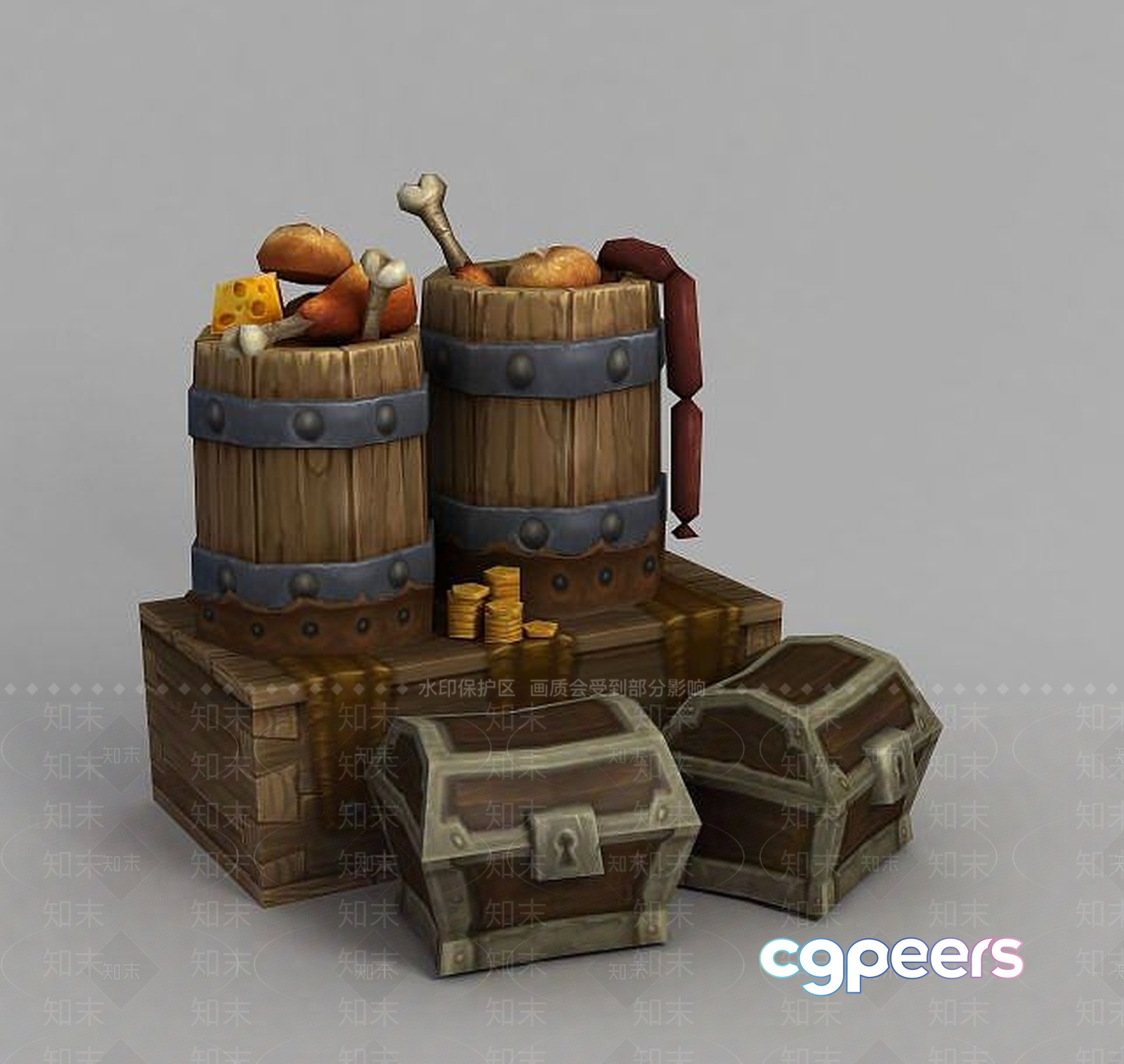 Stack Of Treasure Chests And Barrels 3D Model - 17427 - VRAY Render Stack Of Treasure Chests And Barrels 3D Model - 17427 - VRAY Render
