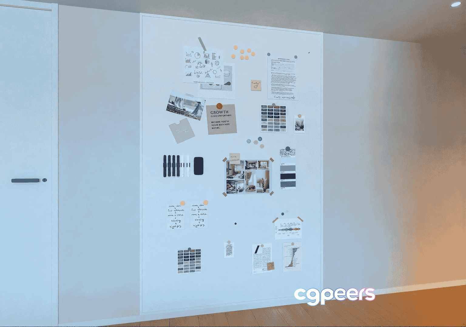 A White Wall With A Collection Of Papers And Images Pinned To It 3D Model - 14566 - VRAY Render