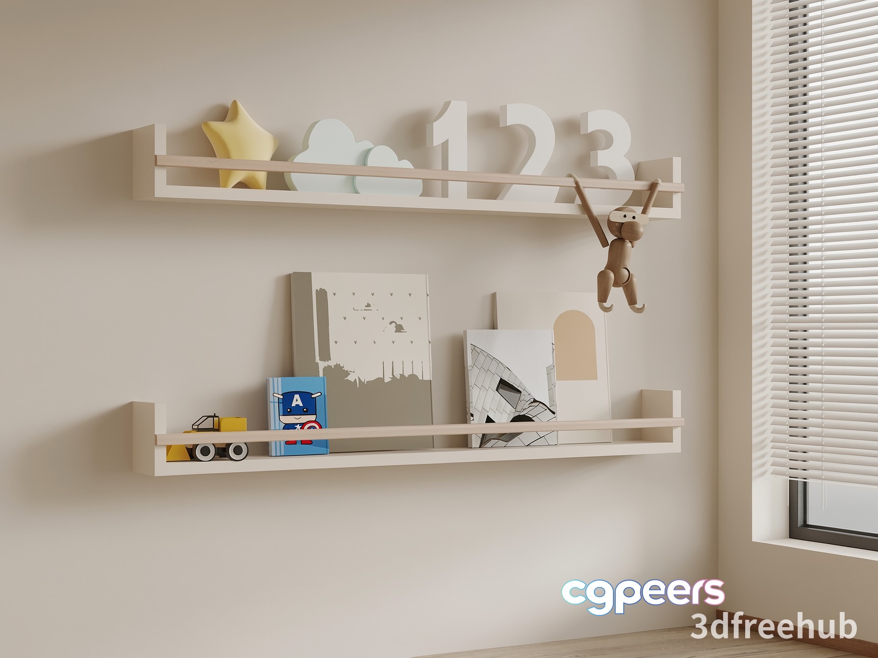 A Minimalist White Shelf With Various Decorative Items 3D Model - 5515 - VRAY Render