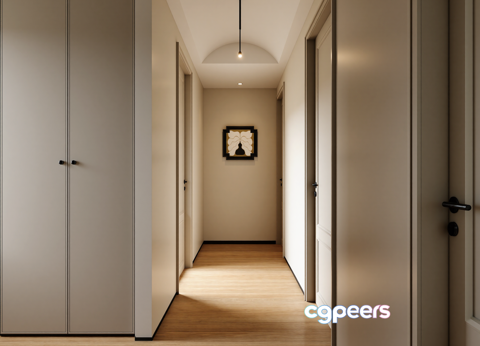 A Long Hallway With White Doors 3D Model - 23158 - VRAY Render