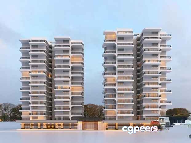 Two Tall White Apartment Buildings 3D Model - 14662 - VRAY Render