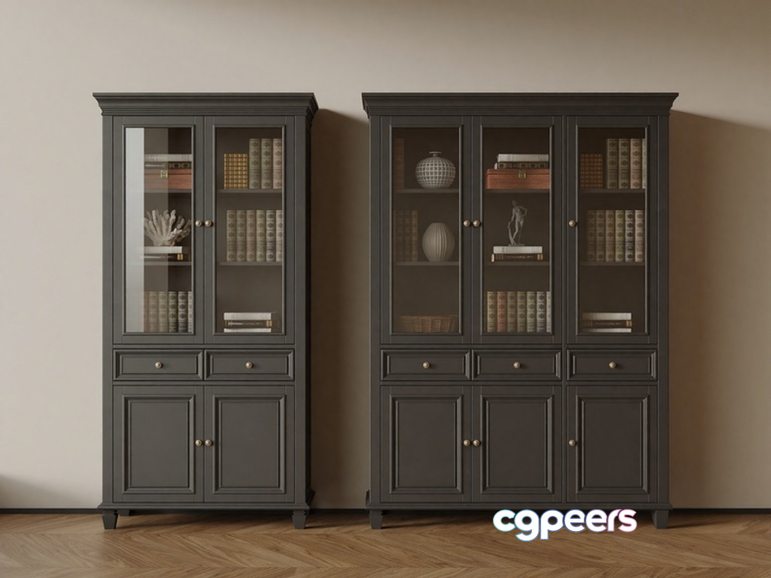 Two Tall Dark Grey Bookshelves 3D Model - 9693 - VRAY Render