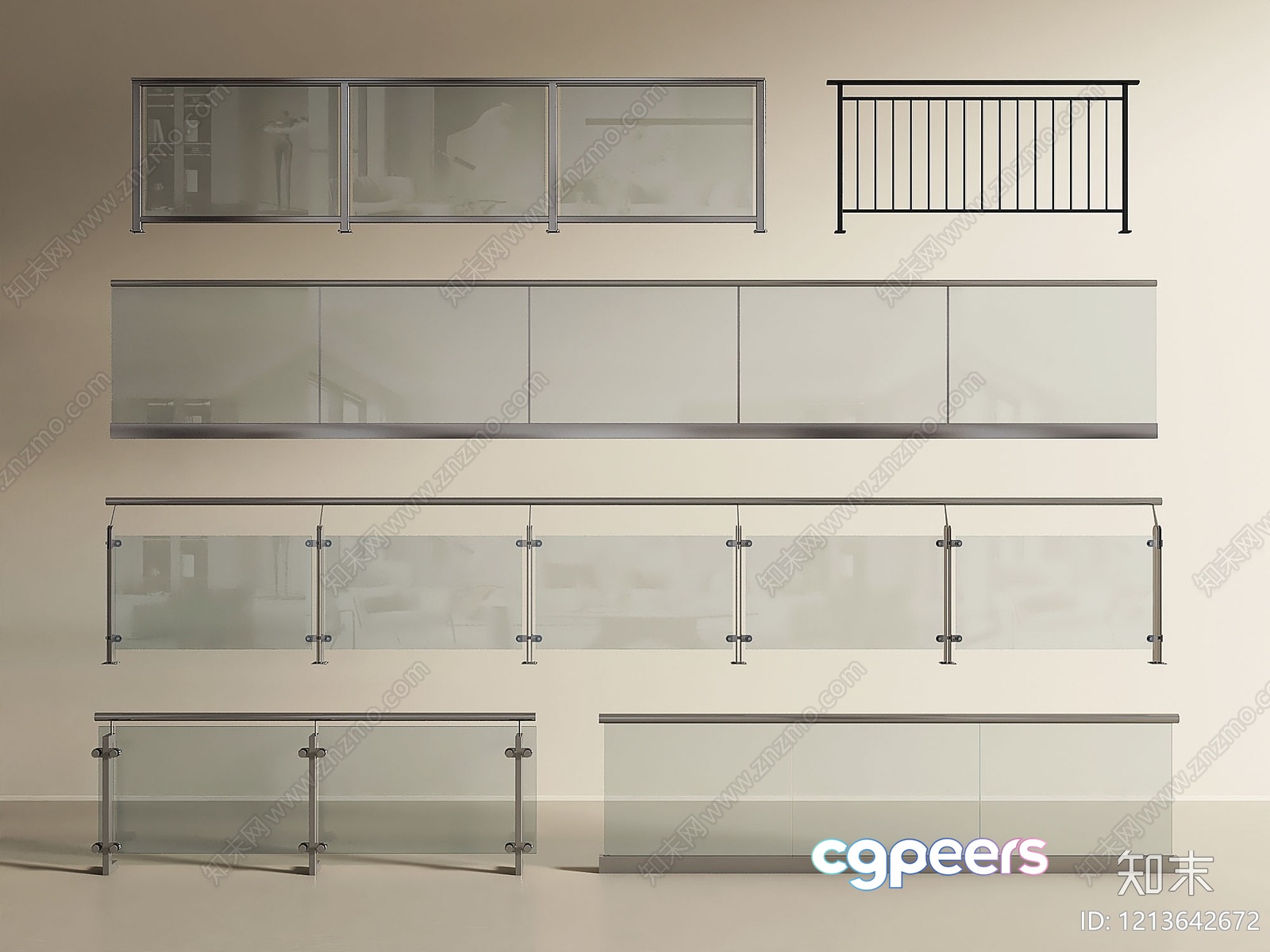 A Collection Of Glass And Metal Railings 3D Model - 18100 - VRAY Render