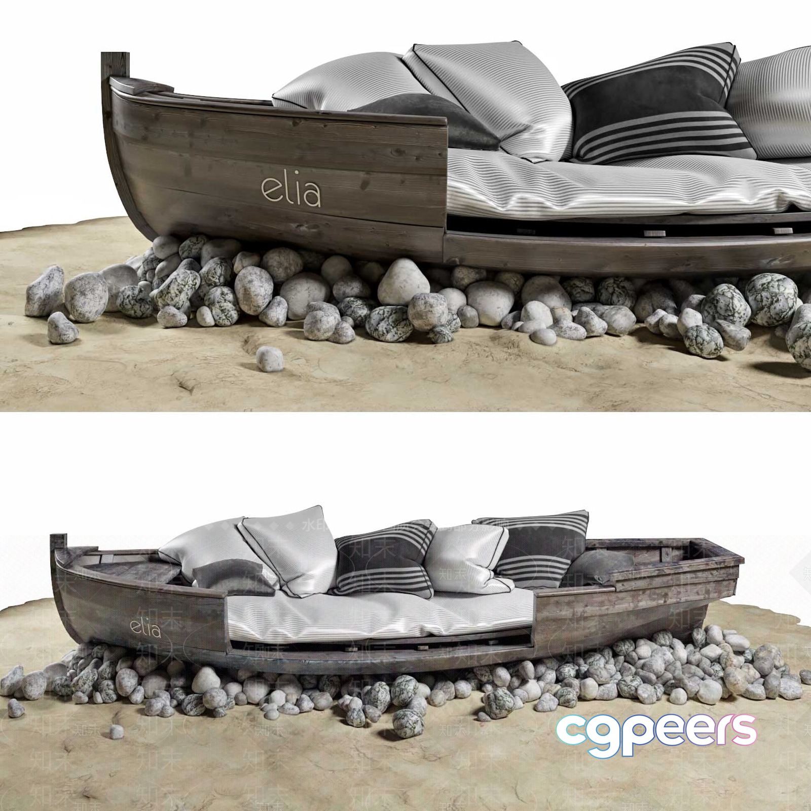 A Wooden Boat Sofa With Gray Cushions 3D Model - 20125 - VRAY Render A Wooden Boat Sofa With Gray Cushions 3D Model - 20125 - VRAY Render