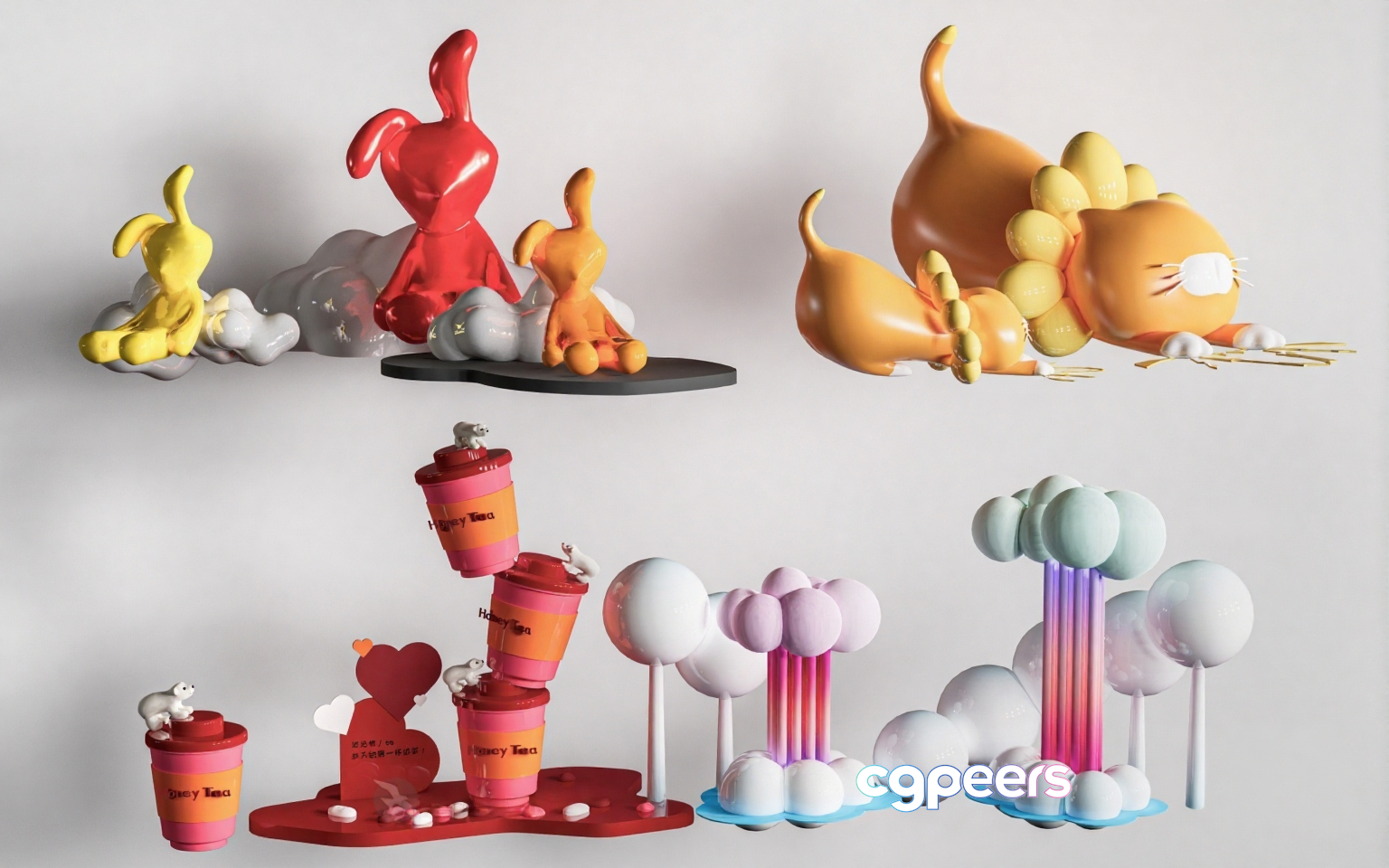 A 3D Model Of A Whimsical Scene Featuring Cartoon Animals 3D Model - 9618 - CORONA Render
