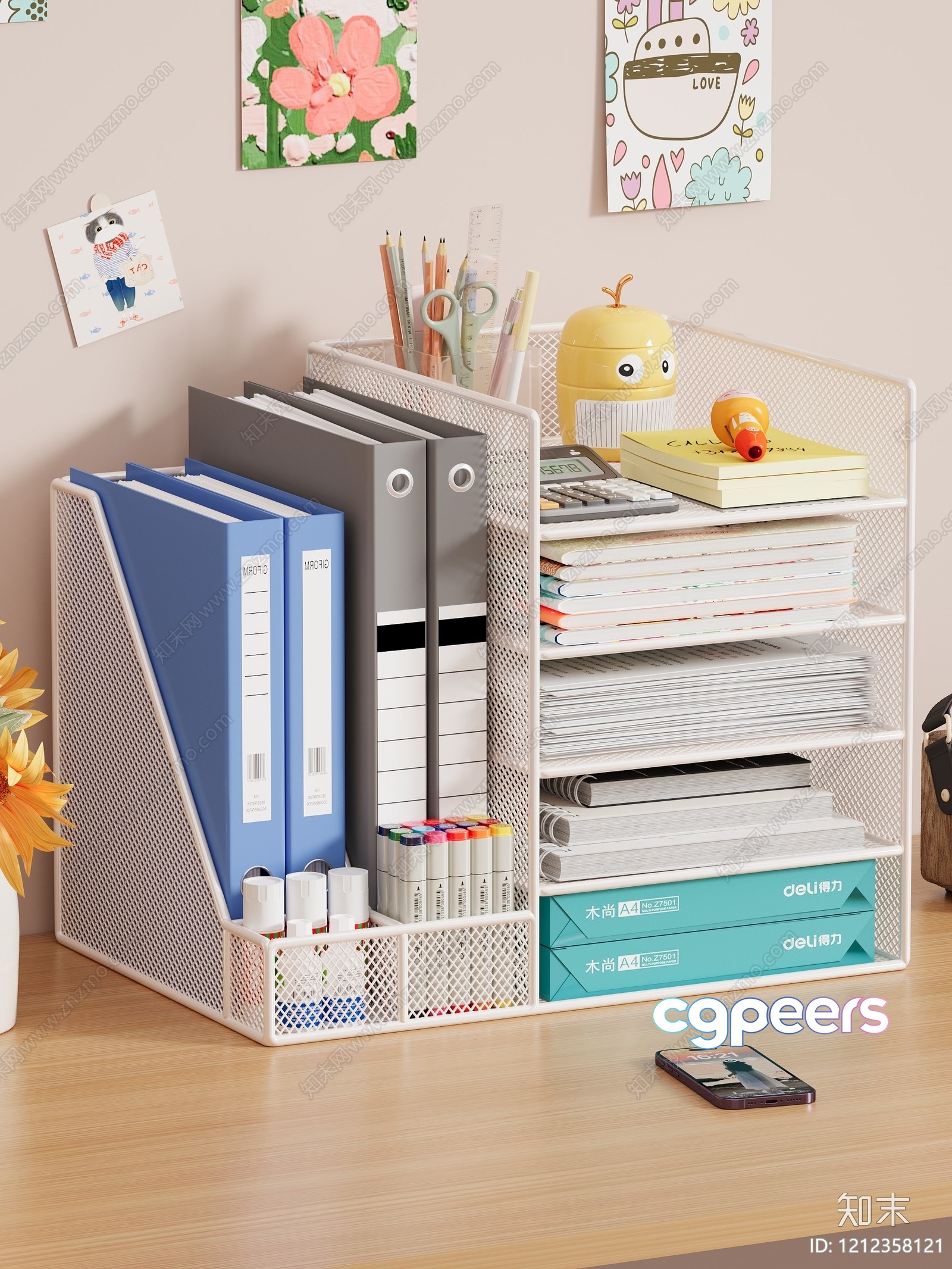 A White Mesh Desk Organizer With Various Office Supplies 3D Model - 5510 - VRAY Render A White Mesh Desk Organizer With Various Office Supplies 3D Model - 5510 - VRAY Render