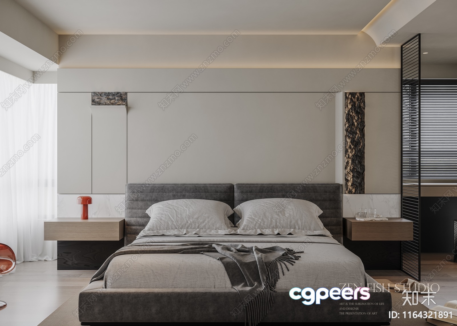 The Main Subject Is A Modern Bedroom With A Gray Bed And Nightstands 3D Model - 3494 - VRAY Render The Main Subject Is A Modern Bedroom With A Gray Bed And Nightstands 3D Model - 3494 - VRAY Render