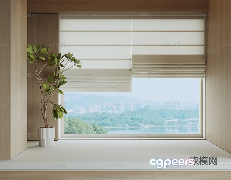 A Large Window With A Plant And Blinds 3D Model - 528 - VRAY Render