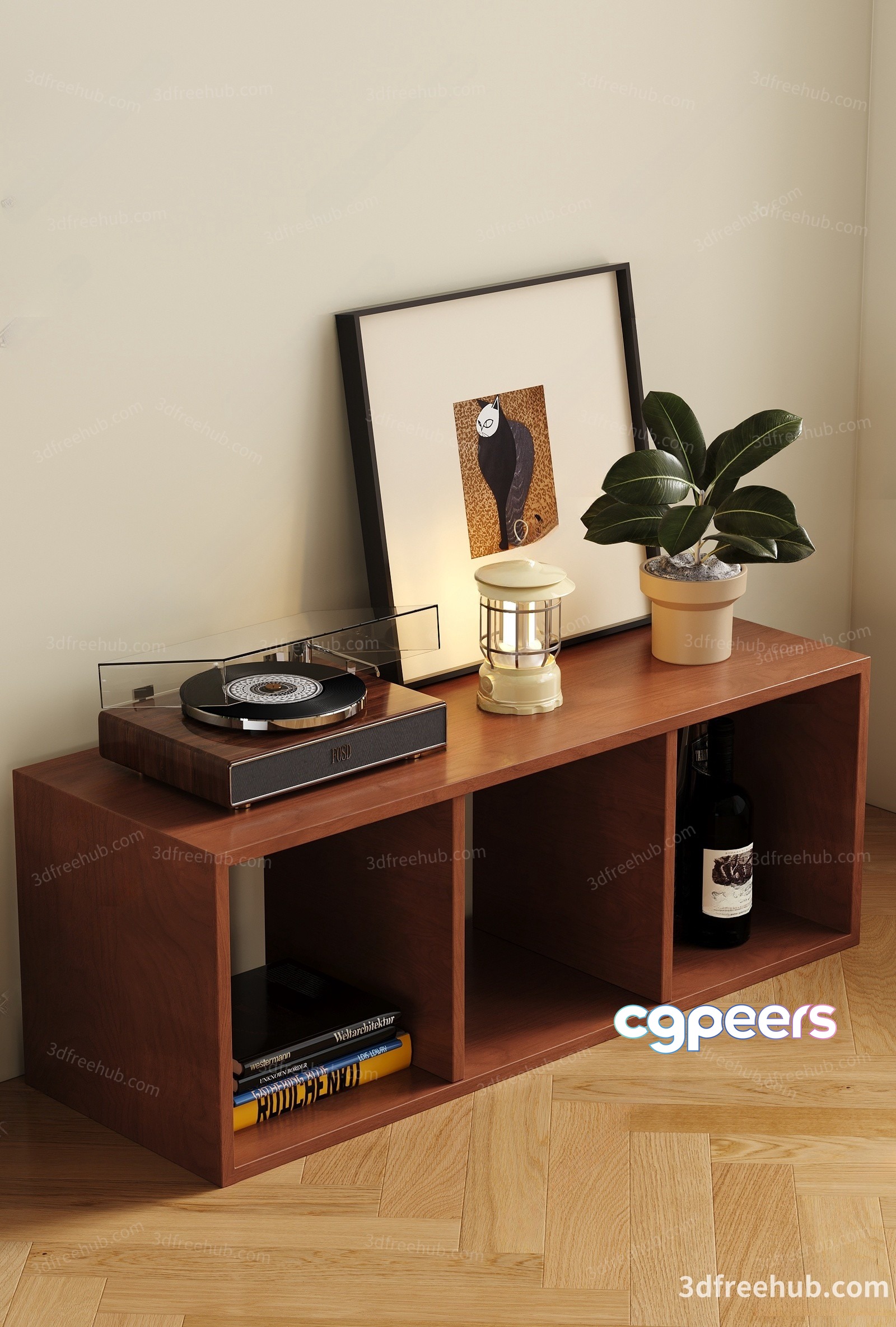 A Wooden Shelf With A Record Player 3D Model - 20848 - VRAY Render