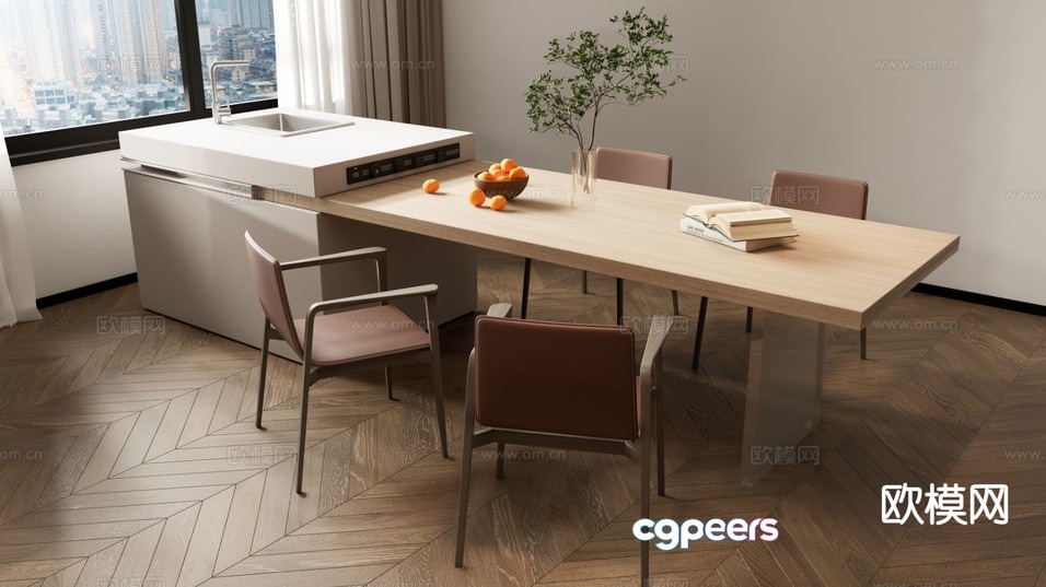 Modern Kitchen With A Table And Chairs 3D Model - 2181 - VRAY Render
