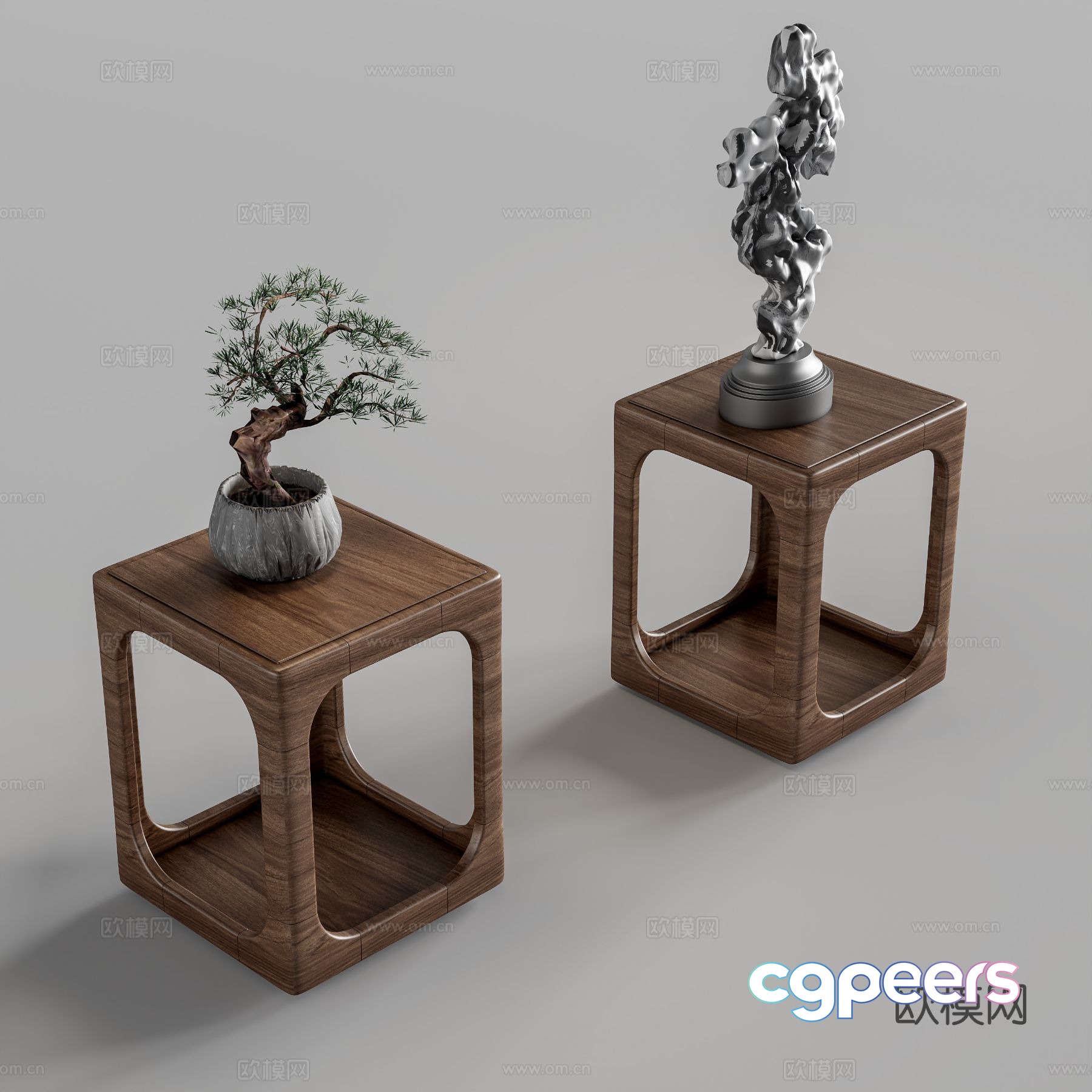 A Wooden Table With Two Decorative Items 3D Model - 5367 - VRAY Render