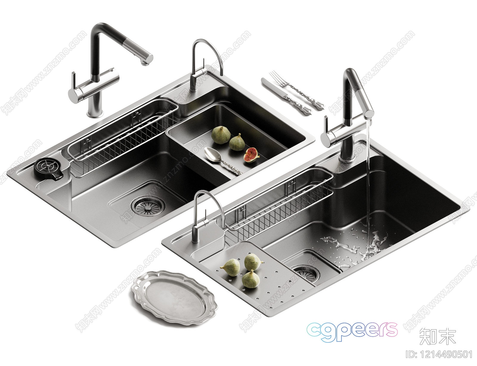 Two Stainless Steel Sinks 3D Model - 16993 - VRAY Render