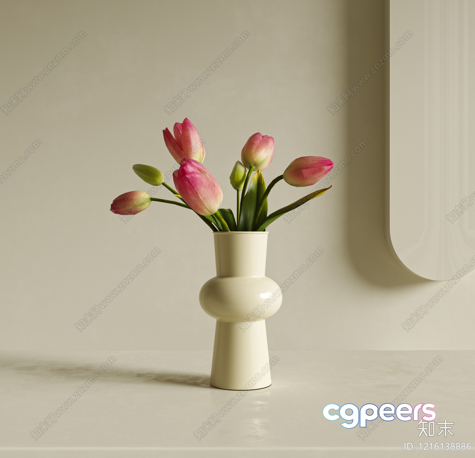 A White Vase With Pink Tulips 3D Model - 13890 - VRAY Render