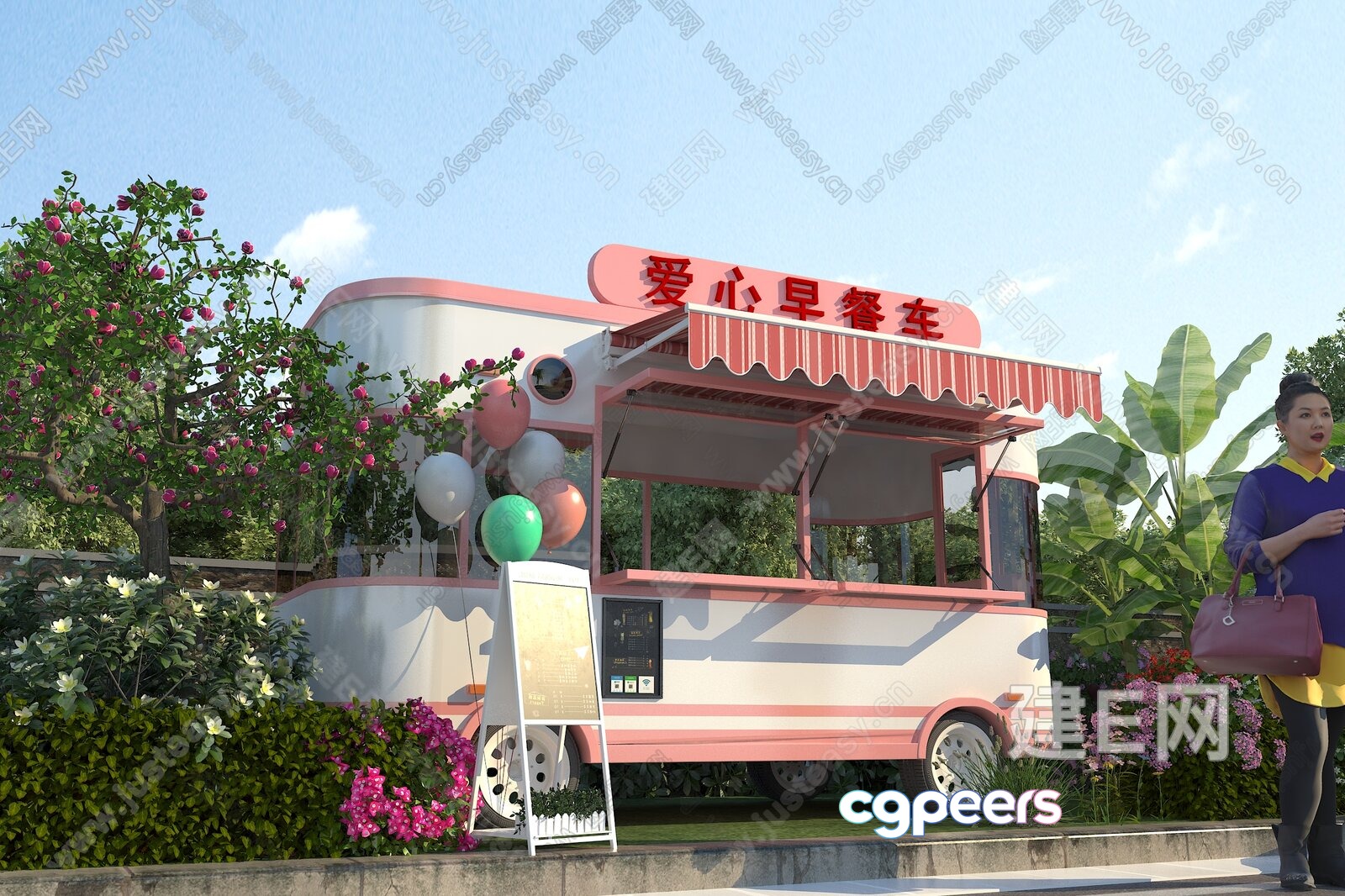 A Food Truck With A Pink And White Color Scheme 3D Model - 4633 - VRAY Render