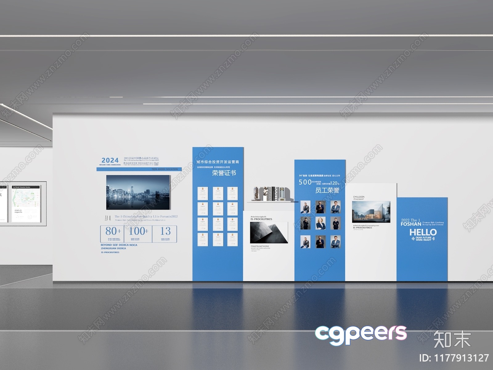 A Large White Wall With Various Blue And White Posters And Signs Likely In 3D Model - 3395 - VRAY Render A Large White Wall With Various Blue And White Posters And Signs Likely In 3D Model - 3395 - VRAY Render