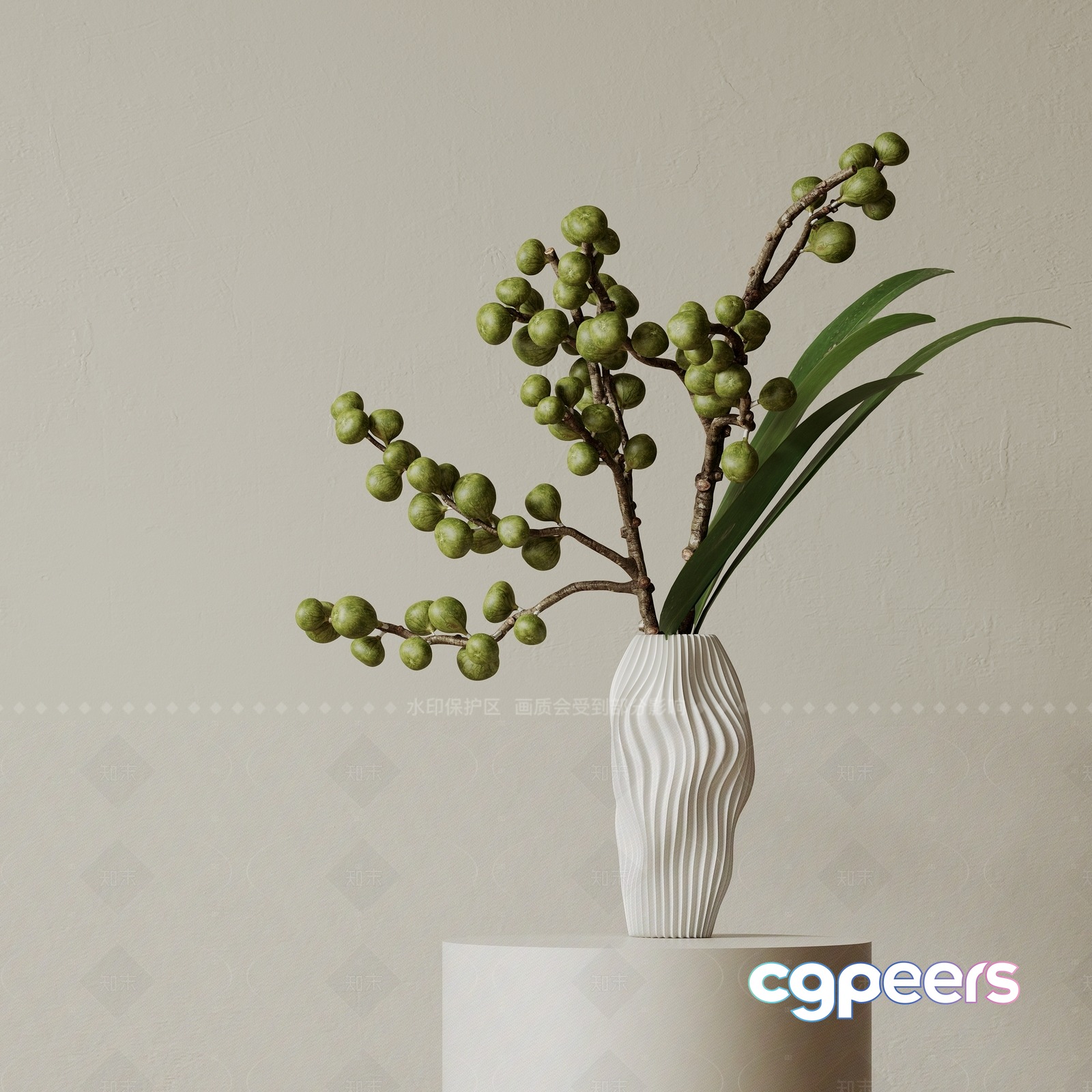 A White Vase With Green Branches 3D Model - 8700 - CORONA Render A White Vase With Green Branches 3D Model - 8700 - CORONA Render