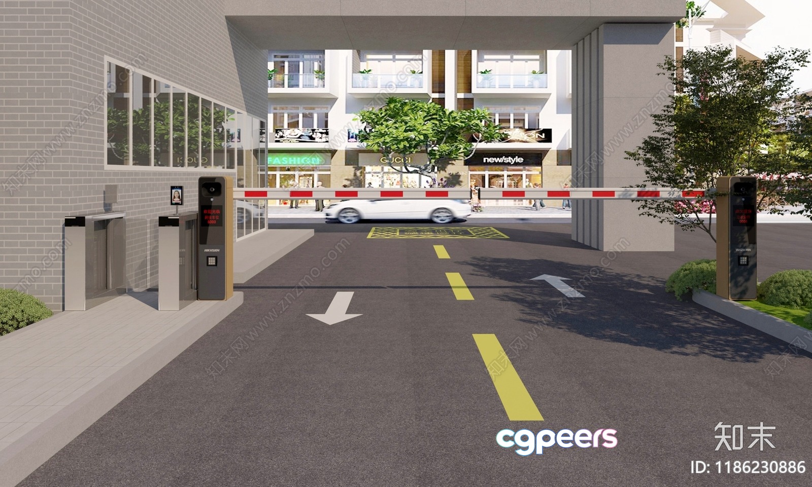 A White Car Driving Through A Barrier Gate 3D Model - 4887 - VRAY Render