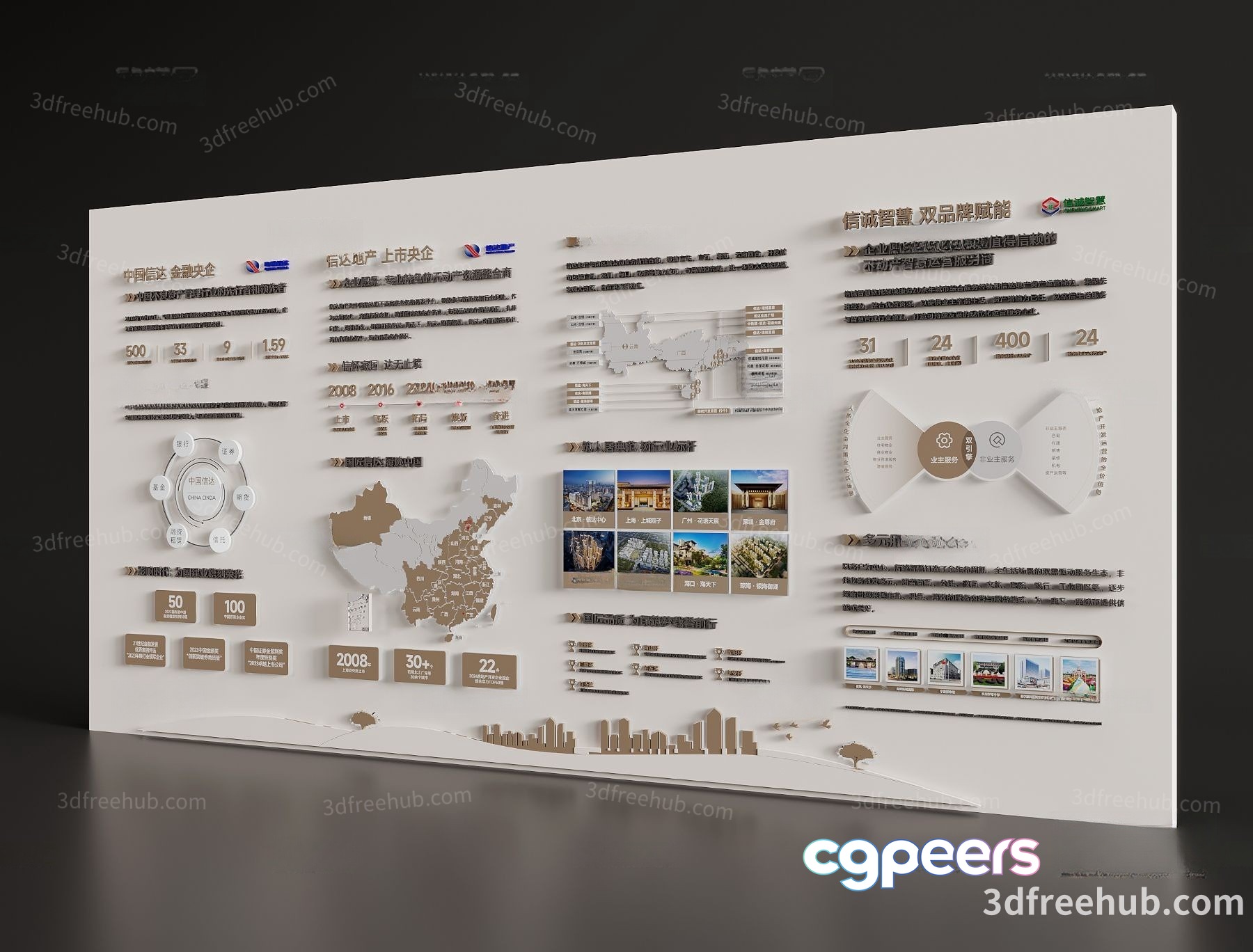 A 3D Infographic On A White Wall Showcasing Various 3D Model - 18760 - VRAY Render A 3D Infographic On A White Wall Showcasing Various 3D Model - 18760 - VRAY Render