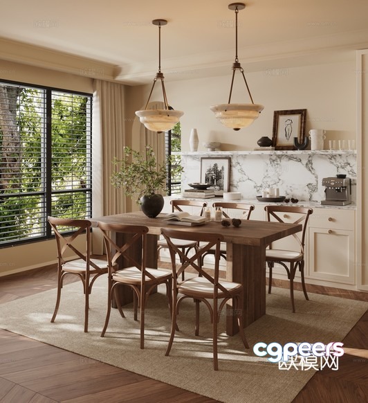 A Dining Room With A Wooden Table And Chairs 3D Model - 14222 - CORONA Render