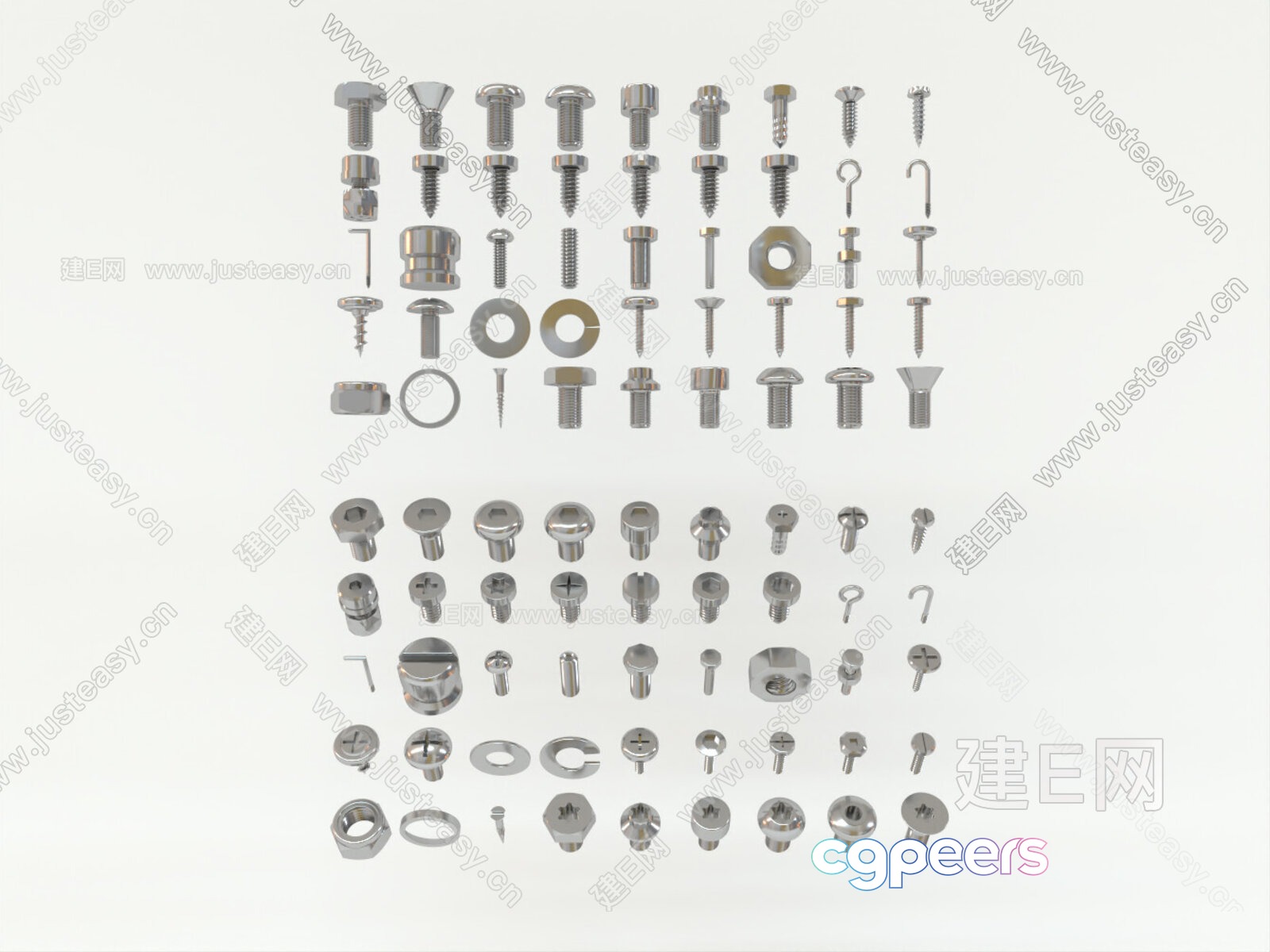 A Collection Of Silver Metal Screws 3D Model - 11495 - VRAY Render