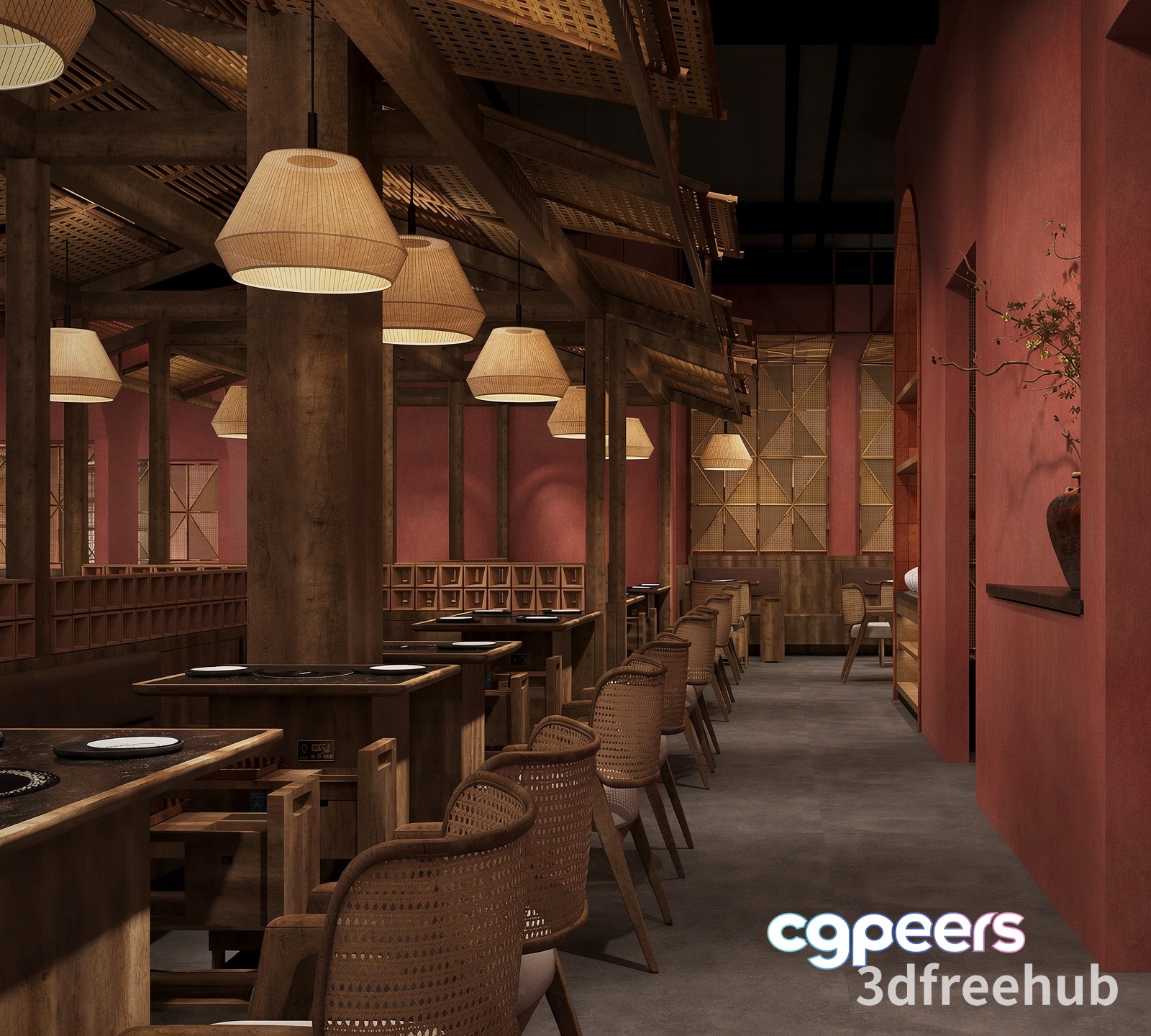 A Restaurant With Wooden Tables And Chairs 3D Model - 22410 - VRAY Render A Restaurant With Wooden Tables And Chairs 3D Model - 22410 - VRAY Render