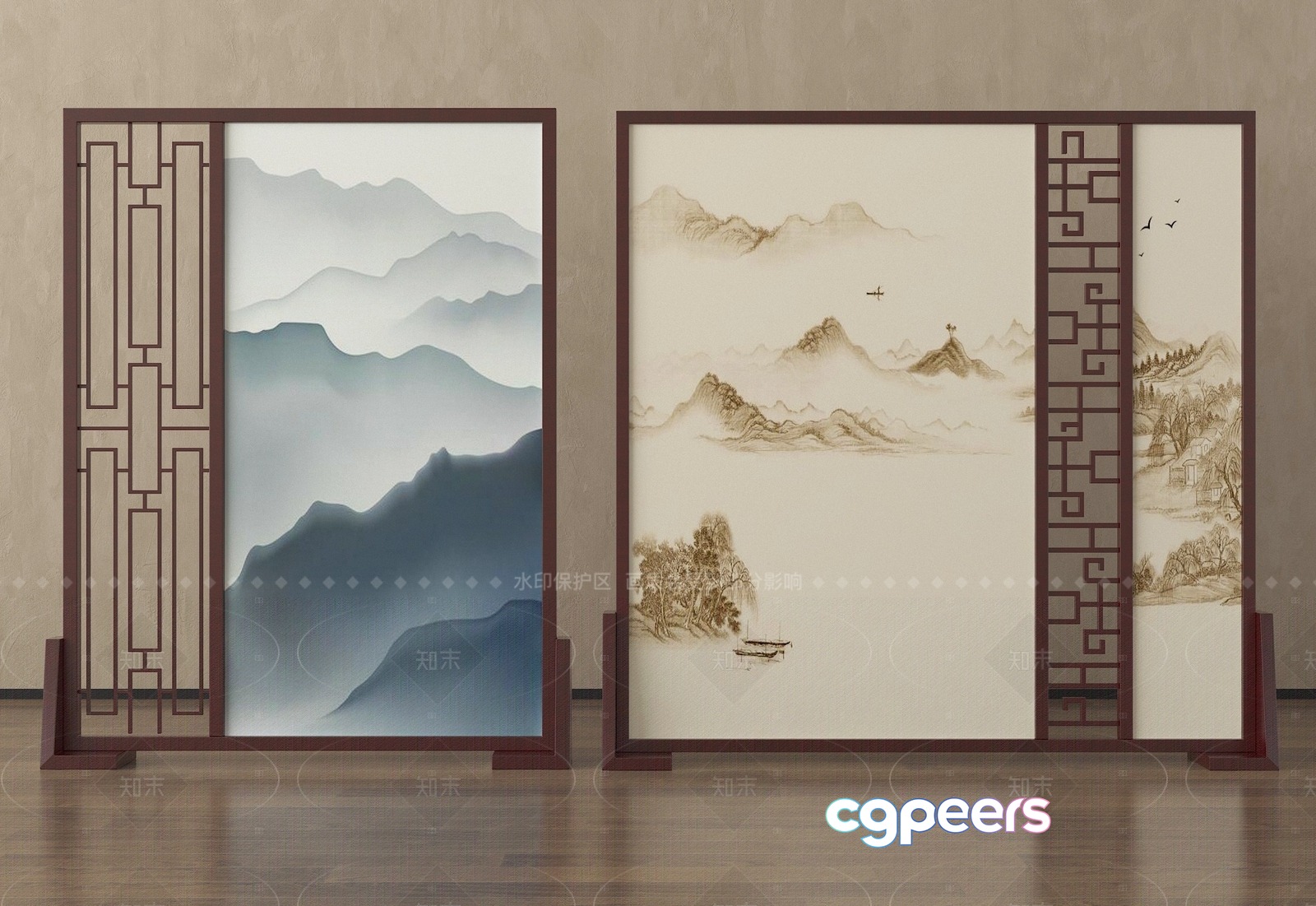 A Pair Of Decorative Screens With Asian-Inspired Designs 3D Model - 596 - VRAY Render A Pair Of Decorative Screens With Asian-Inspired Designs 3D Model - 596 - VRAY Render
