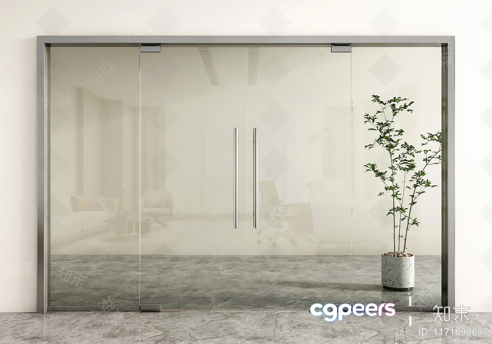 A Glass Door With A Plant 3D Model - 1845 - VRAY Render A Glass Door With A Plant 3D Model - 1845 - VRAY Render