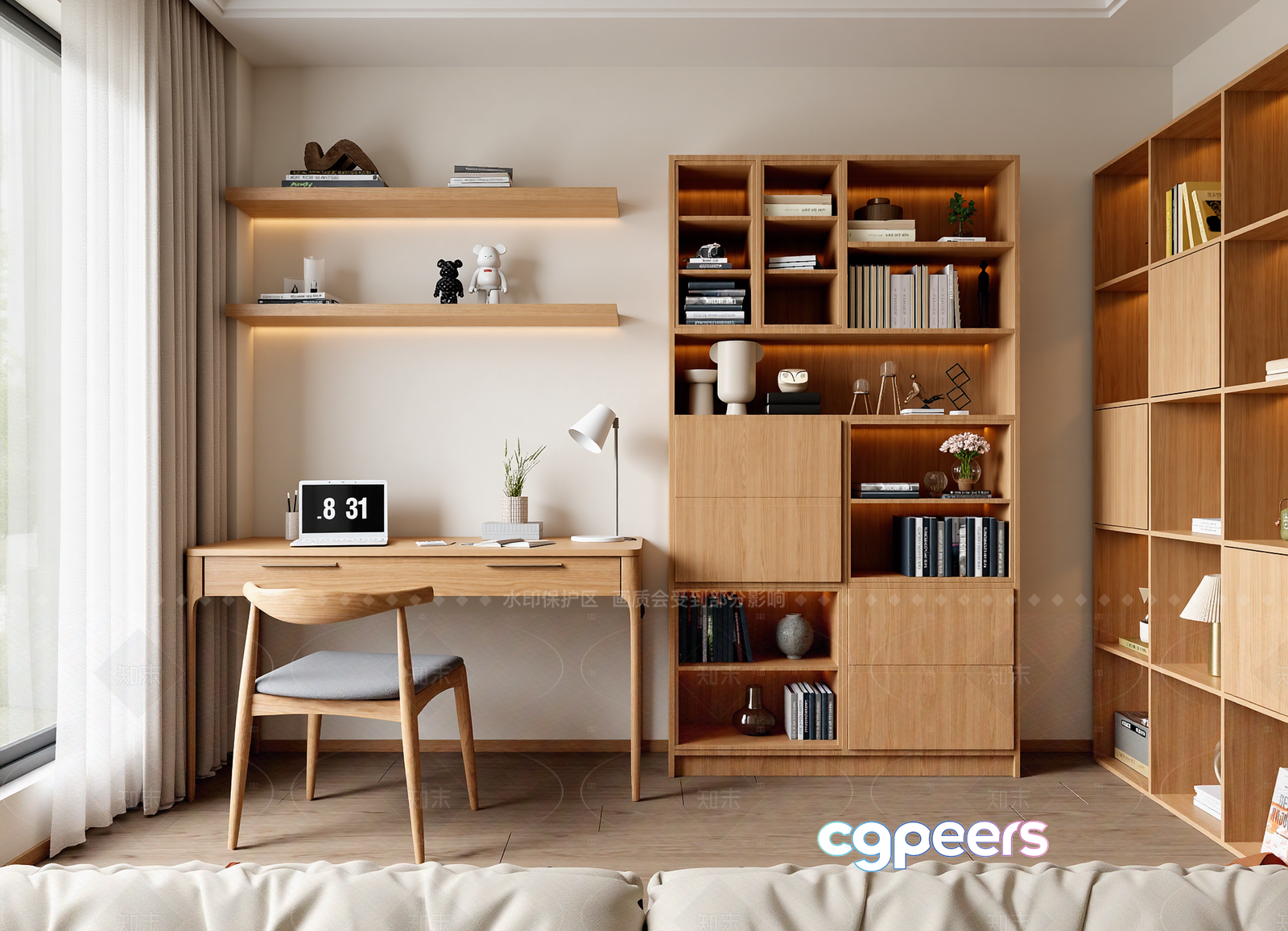 Modern Light Wood Desk Setup 3D Model - 17770 - VRAY Render