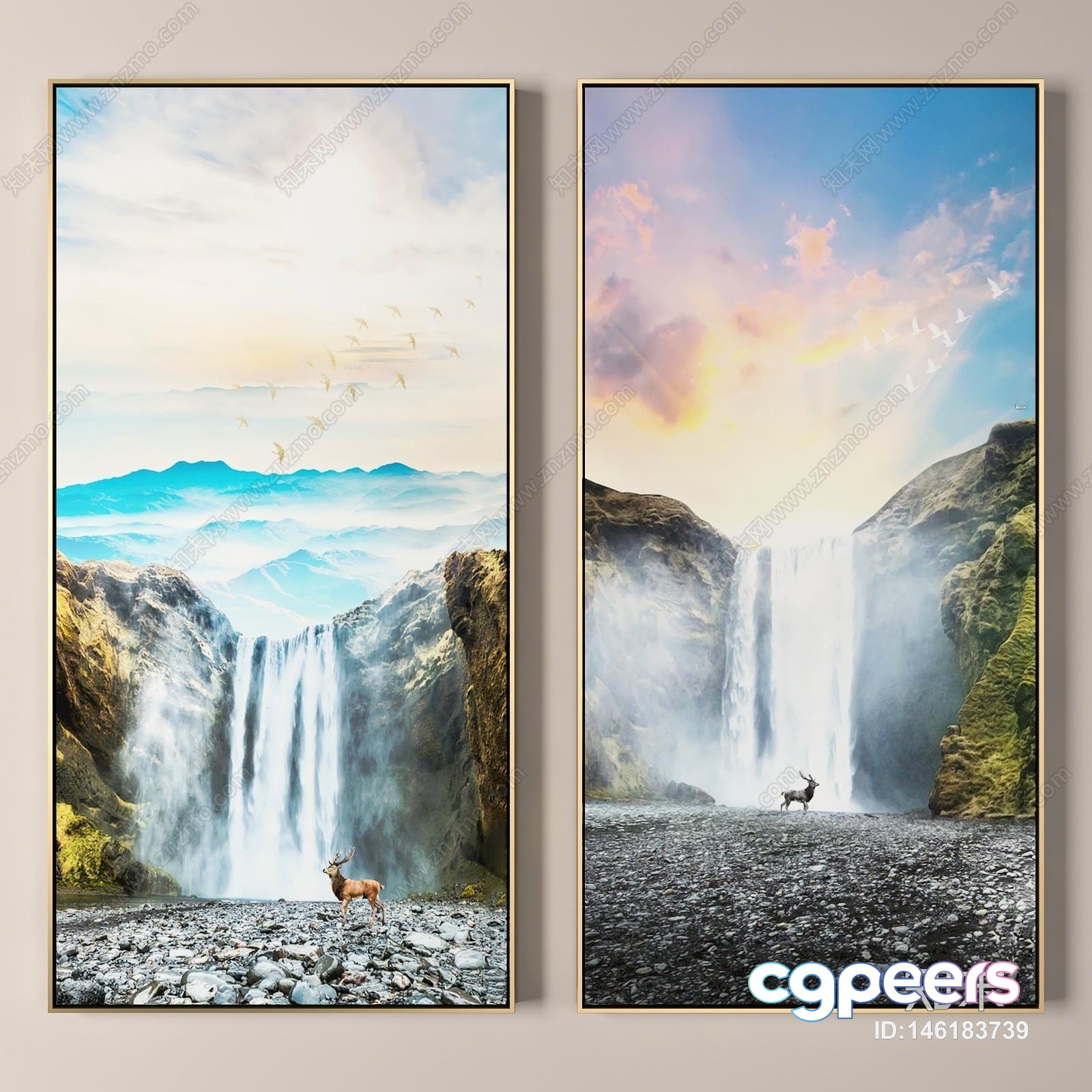 Two Large Framed Pictures Of A Waterfall And Mountains 3D Model - 8427 - VRAY Render