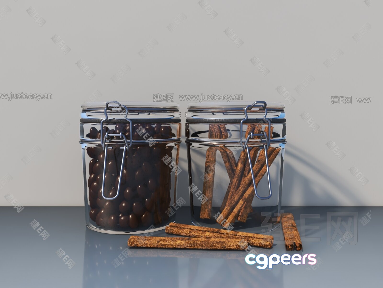 Two Glass Jars With Lids And Cinnamon Sticks 3D Model - 13043 - VRAY Render Two Glass Jars With Lids And Cinnamon Sticks 3D Model - 13043 - VRAY Render