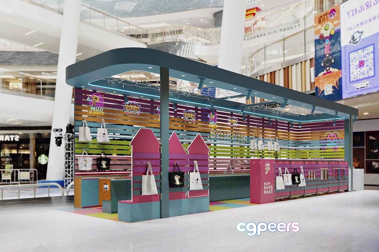 The Main Subject Is A Colorful Kiosk With A Variety Of Bags On Display 3D Model - 3763 - VRAY Render The Main Subject Is A Colorful Kiosk With A Variety Of Bags On Display 3D Model - 3763 - VRAY Render