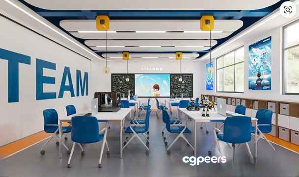A Conference Room With A Long Table And Blue Chairs 3D Model - 16252 - VRAY Render