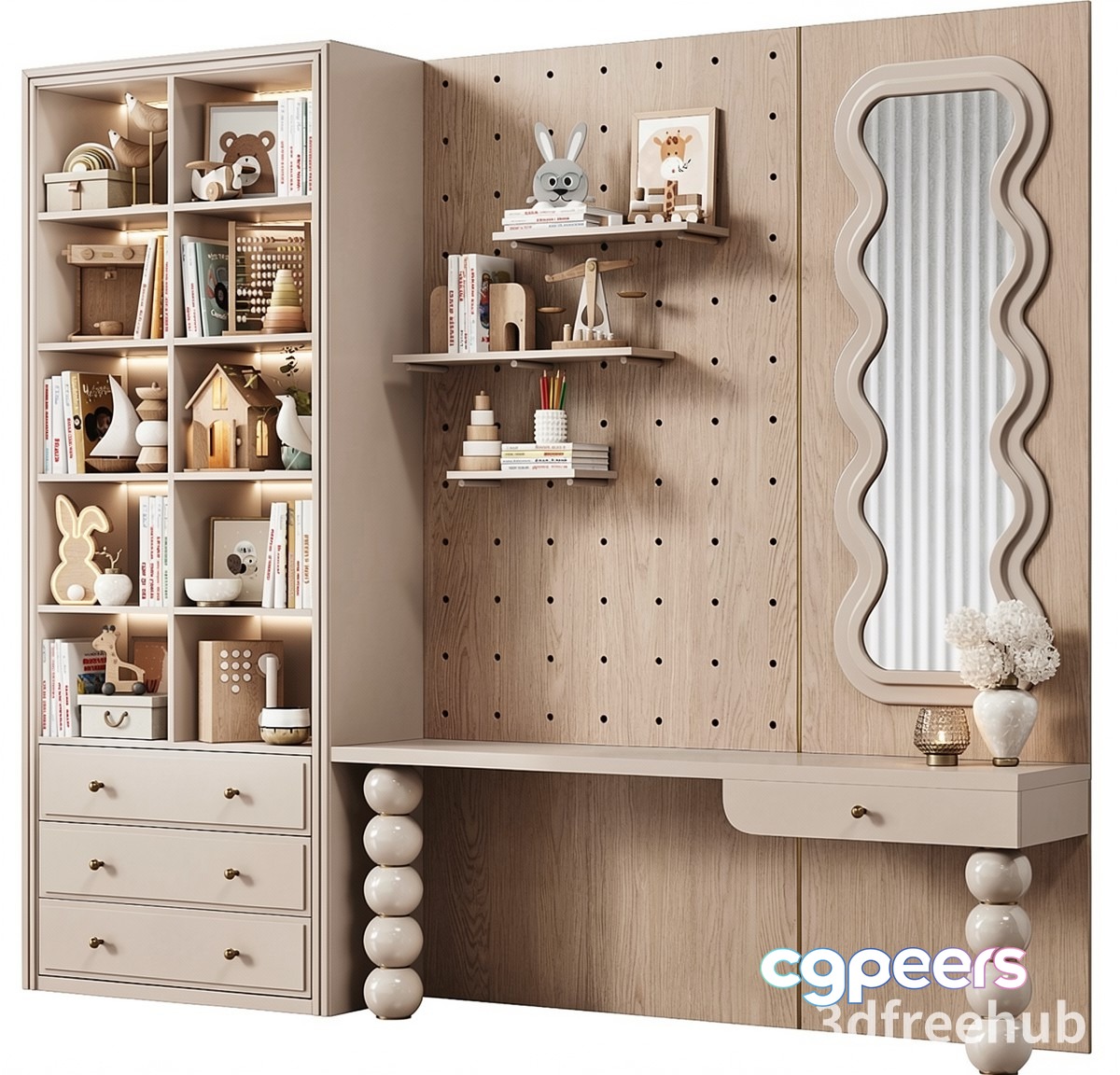A Wooden Wall With Shelves And Drawers 3D Model - 23018 - VRAY Render A Wooden Wall With Shelves And Drawers 3D Model - 23018 - VRAY Render