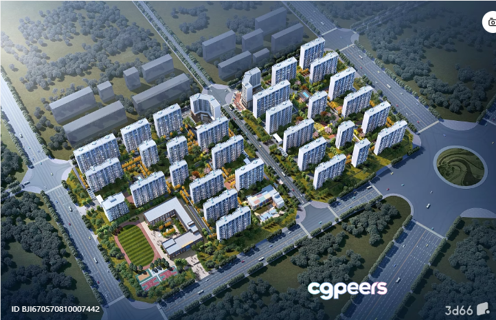 A 3D Architectural Rendering Of A City Block With Buildings And Roads 3D Model - 8674 - VRAY Render