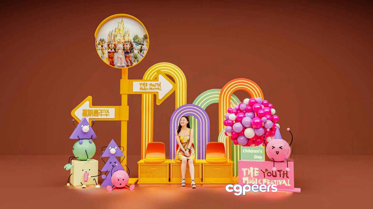 The Image Features A Woman In A Yellow Dress Sitting On A Colorful Stage 3D Model - 5086 - VRAY Render The Image Features A Woman In A Yellow Dress Sitting On A Colorful Stage 3D Model - 5086 - VRAY Render