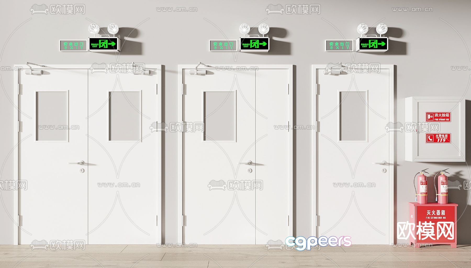 Fire door emergency light safety exit fire hydrant 3d model Fire door emergency light safety exit fire hydrant 3d model