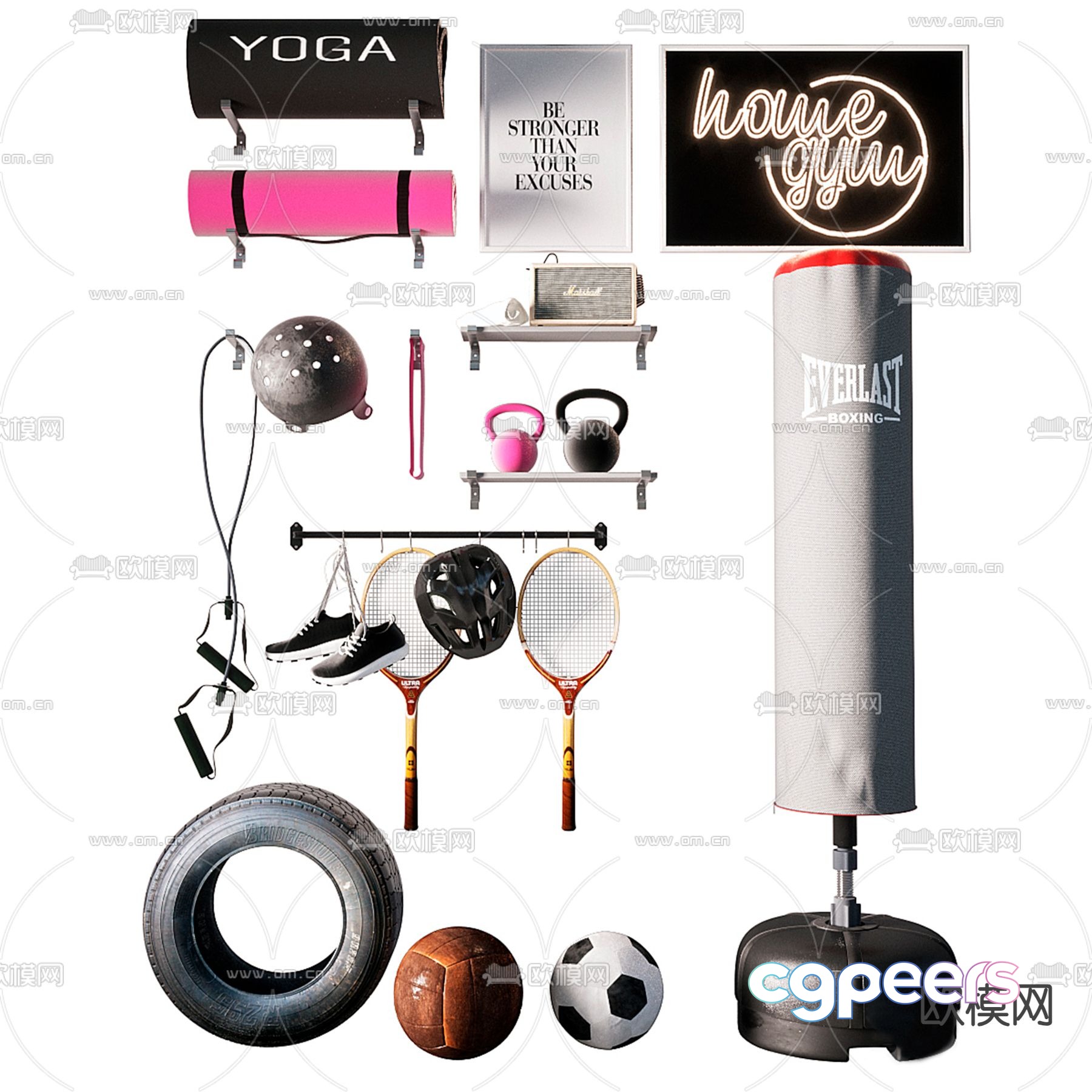 Sports equipment sandbag tennis racket skipping rope 3d model Sports equipment sandbag tennis racket skipping rope 3d model