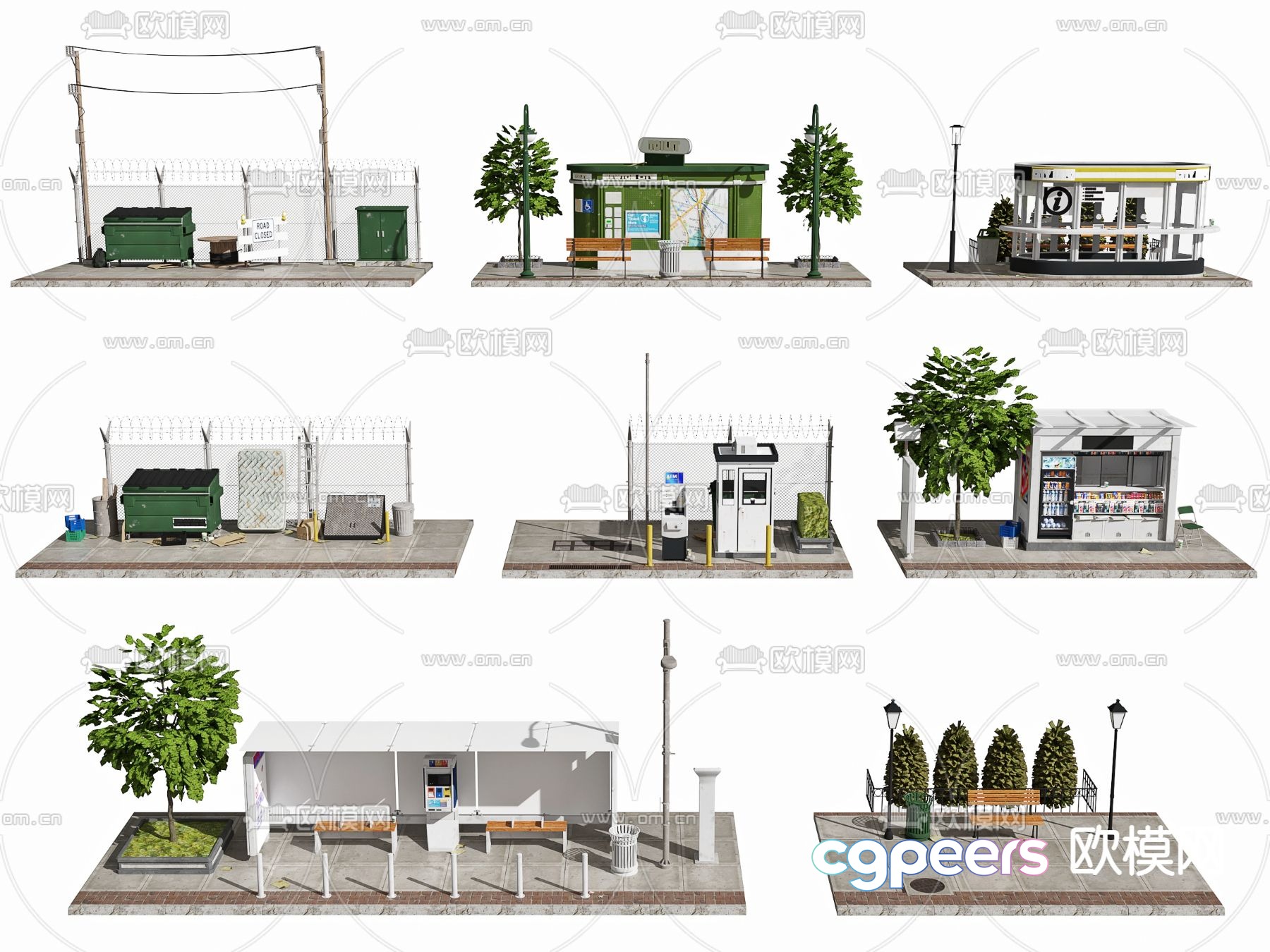 Bus stop, newsstand, garbage station 3D model Bus stop, newsstand, garbage station 3D model