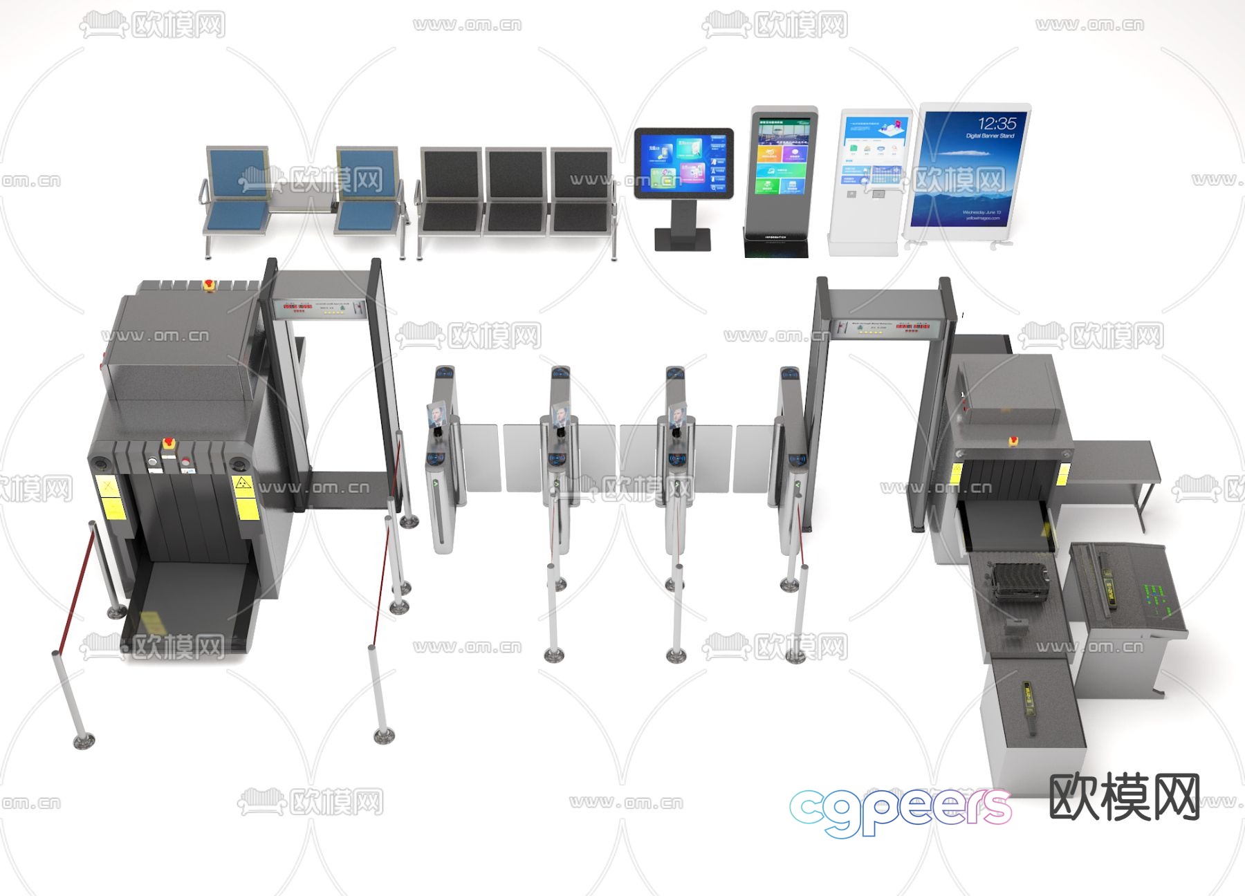 Security checkpoint, security check machine, public seat, number calling machine 3D model