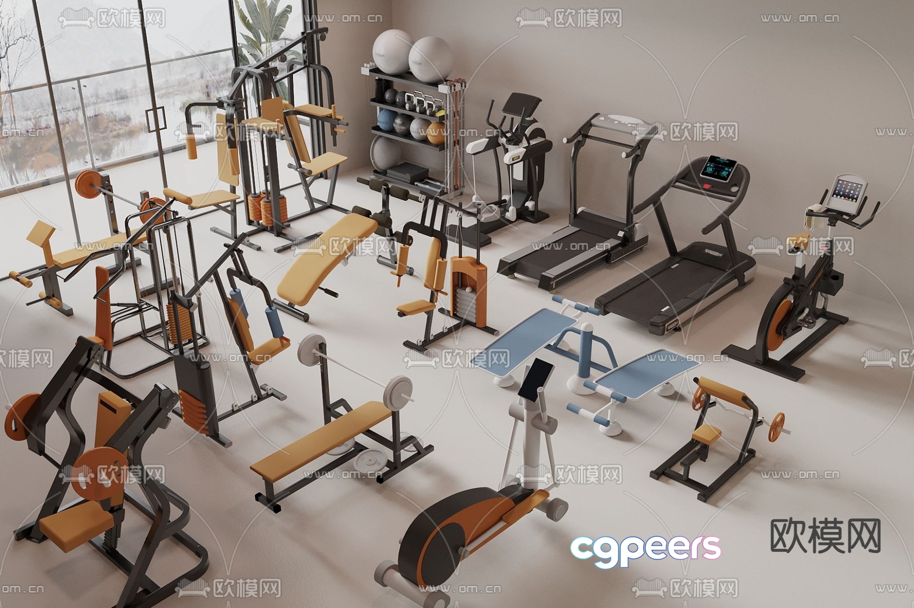 Fitness equipment treadmill dumbbell weightlifter 3d model Fitness equipment treadmill dumbbell weightlifter 3d model