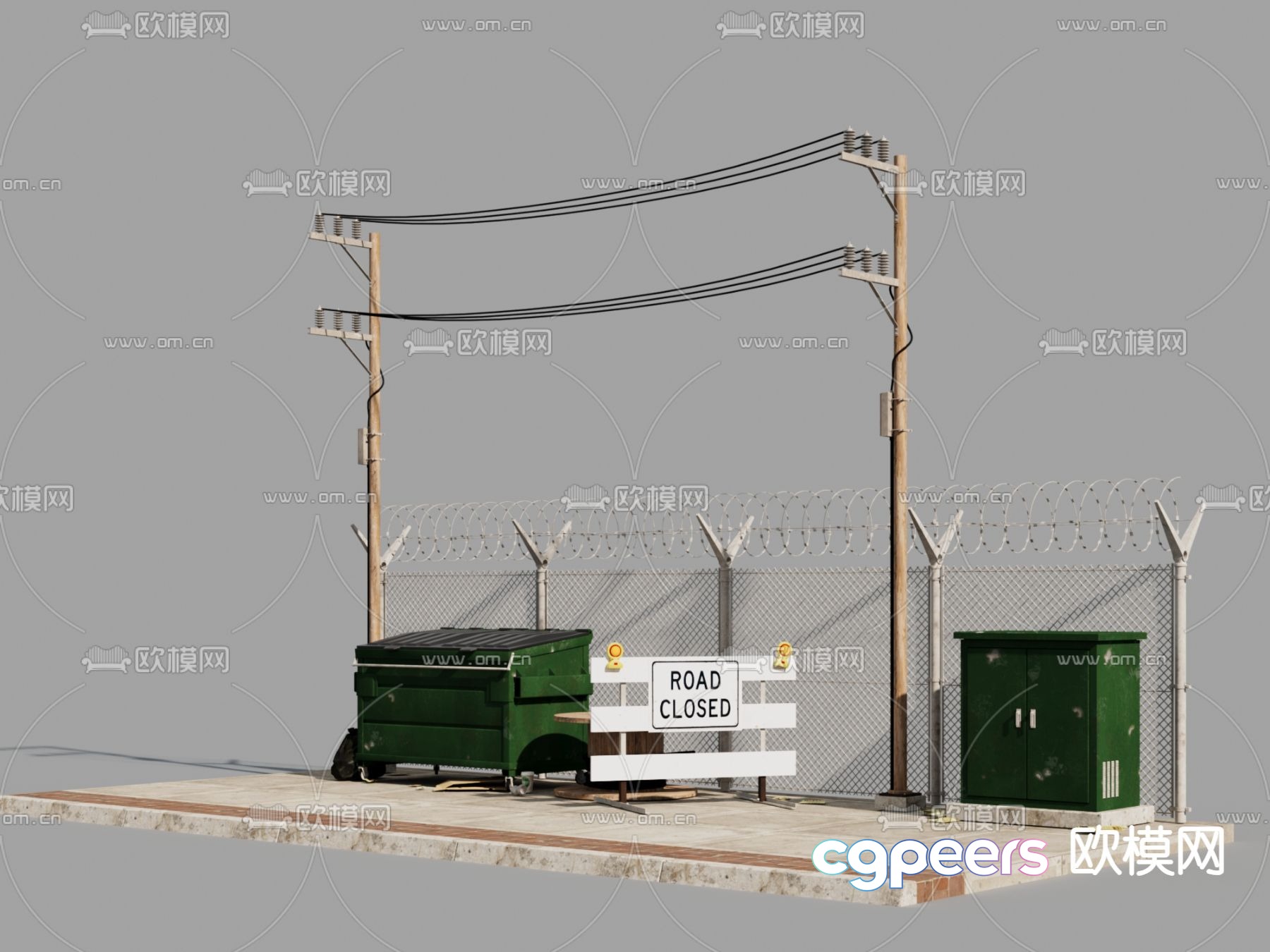 Telephone pole, high voltage wire, electrical box 3d model