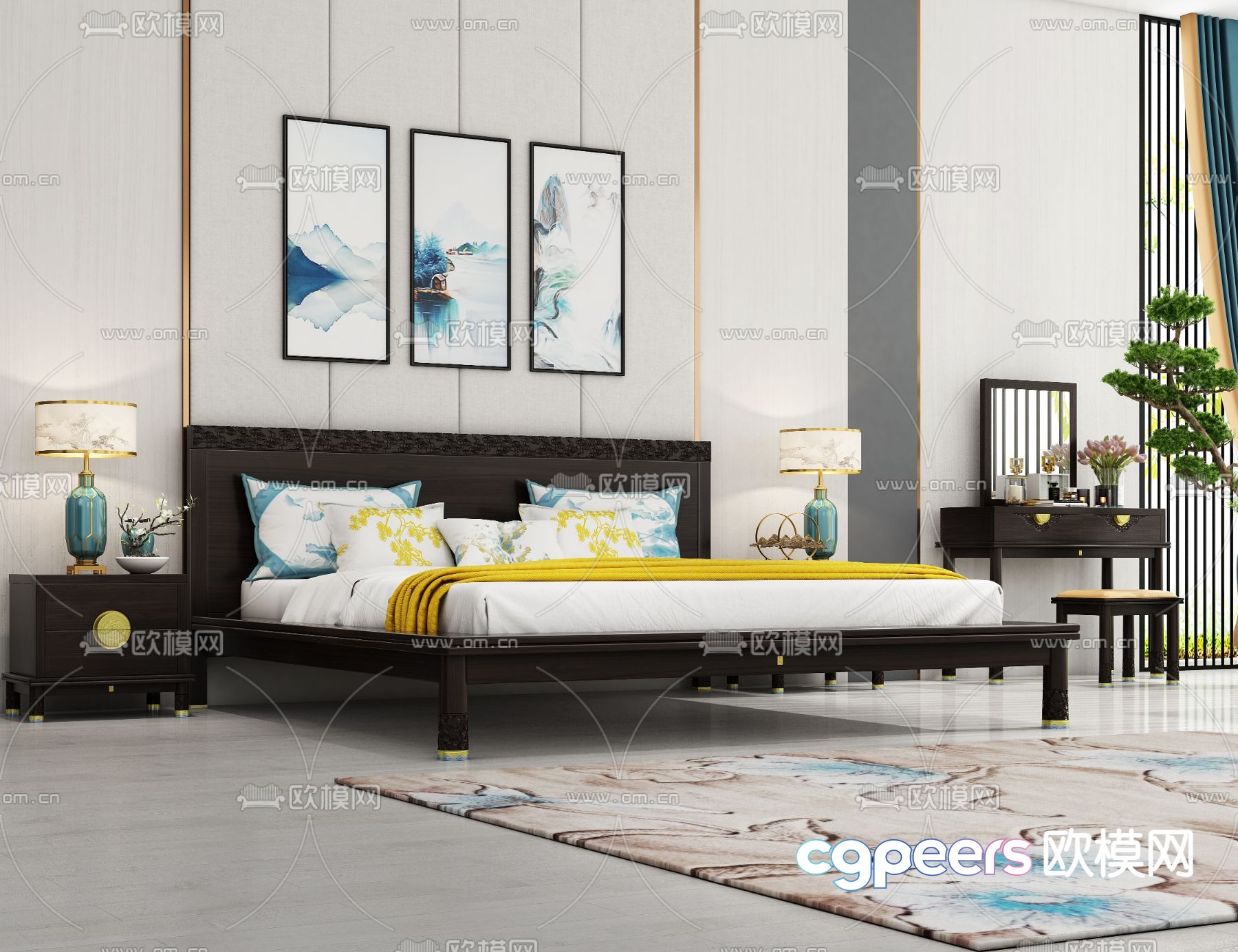 Chinese double bed solid wood bed 3d model Chinese double bed solid wood bed 3d model