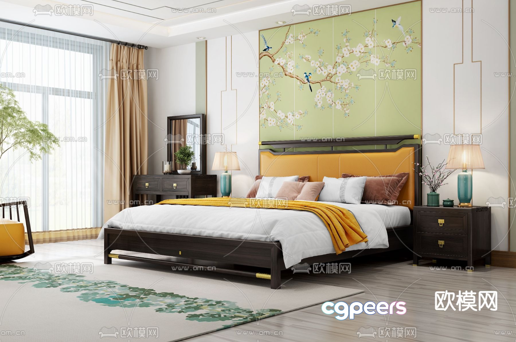 Chinese double bed solid wood bed 3d model Chinese double bed solid wood bed 3d model