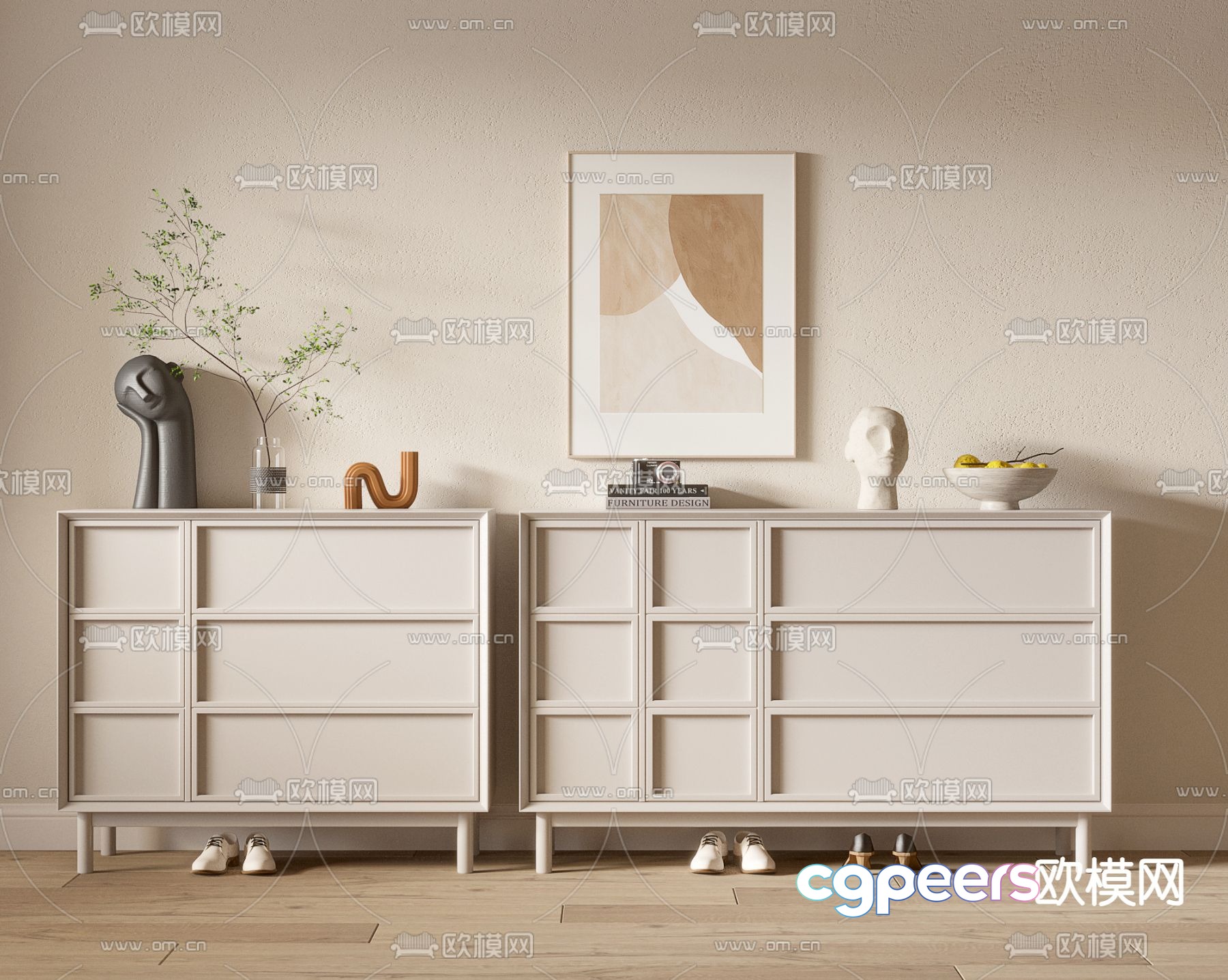 Cream style shoe cabinet low cabinet 3d model Cream style shoe cabinet low cabinet 3d model