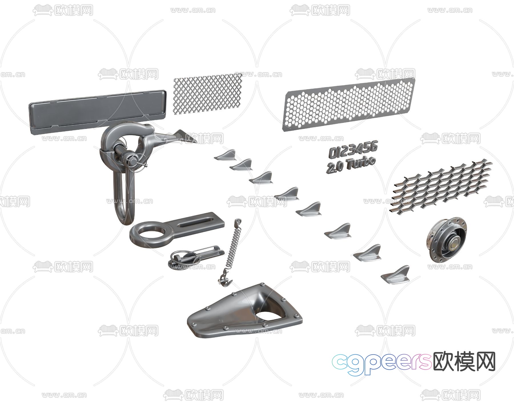 Auto parts, auto decoration parts, shark fins, antennas, springs, tow hooks, middle grille, air intake grille 3D model Auto parts, auto decoration parts, shark fins, antennas, springs, tow hooks, middle grille, air intake grille 3D model