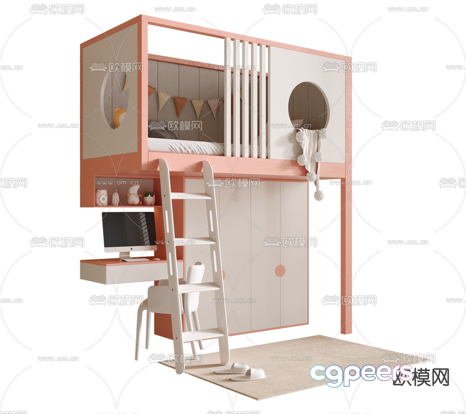 Children’s bed upper bed and lower table 3D model Children’s bed upper bed and lower table 3D model