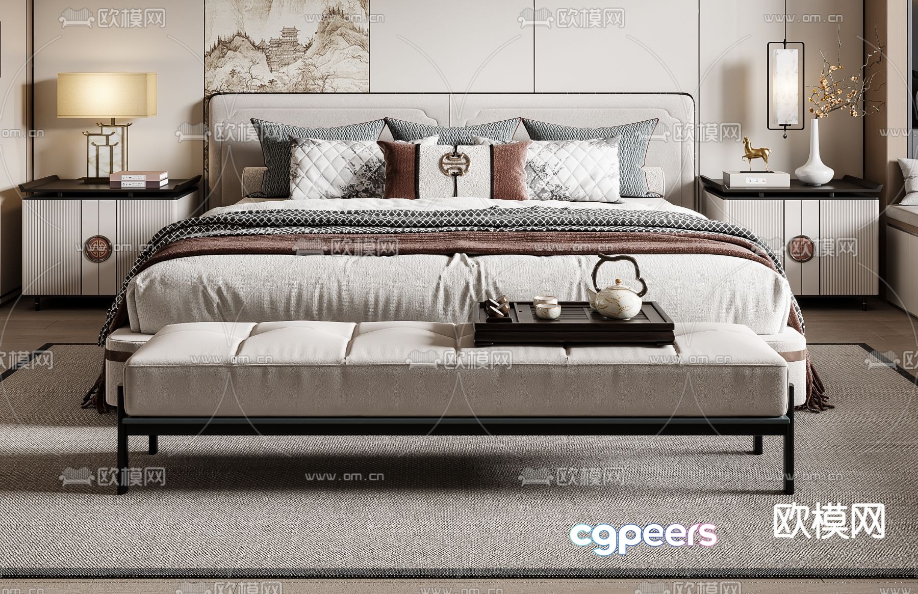 New Chinese style double bed 3d model New Chinese style double bed 3d model