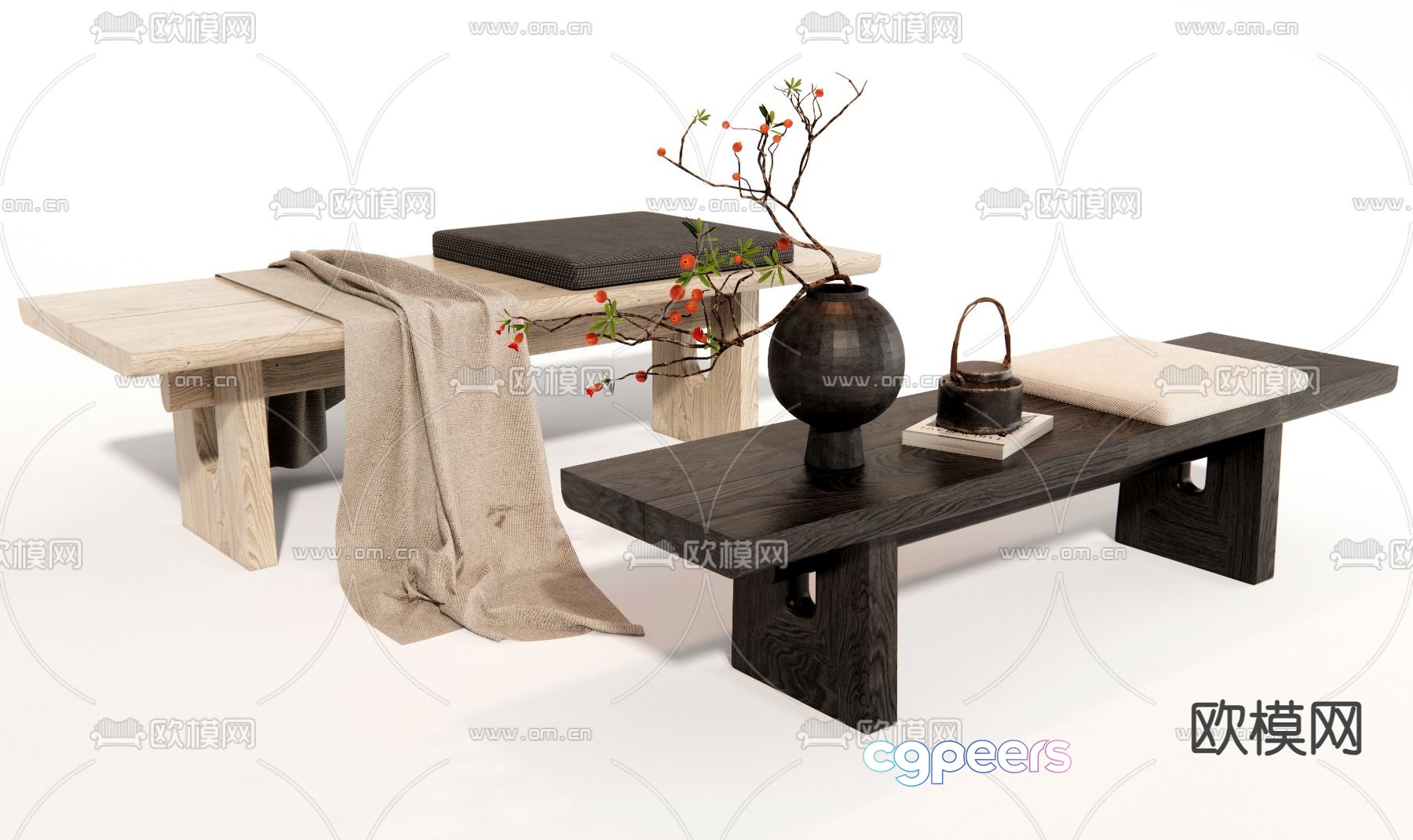 Wabi-sabi style bench bed end stool shoe changing stool bar stool 3D model Wabi-sabi style bench bed end stool shoe changing stool bar stool 3D model