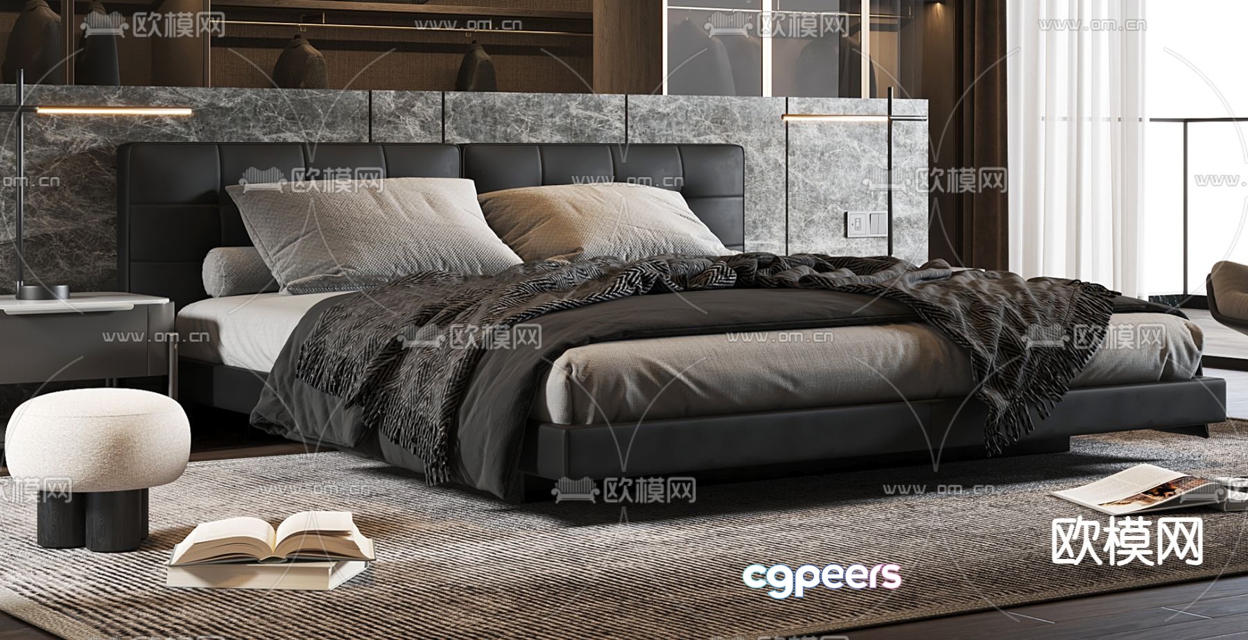 Dark style double bed 3d model Dark style double bed 3d model